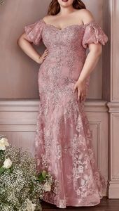 Puff sleeve lace mermaid long dress plus size purple violet or rose